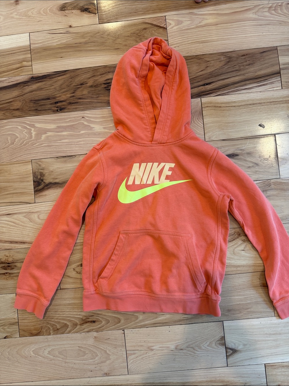 Nike Kids Coral Hoodie with Neon Yellow Swoosh